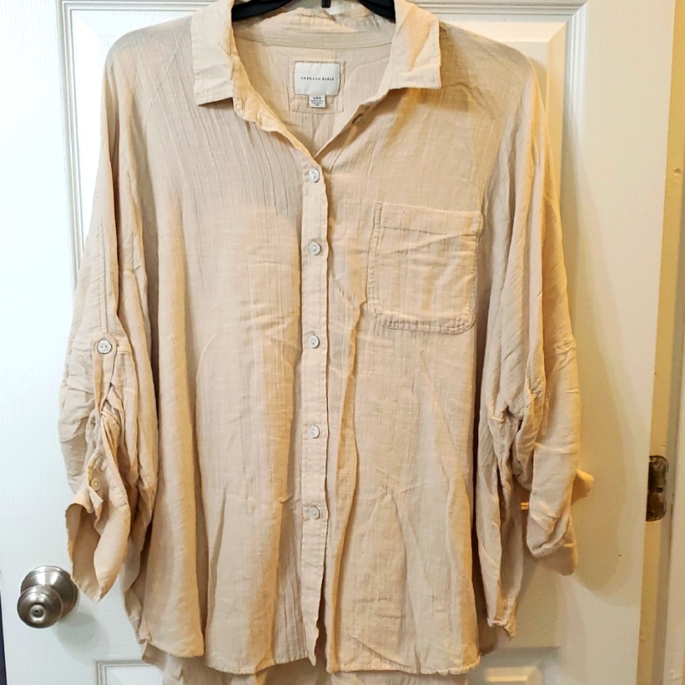 American Eagle Oversized Cream Button-Up Blouse L